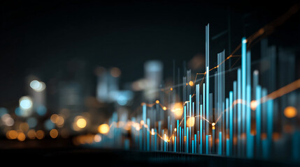 Abstract image of glowing blue and orange graphs against a blurred city lights background, representing growth, progress, and data visualization in a modern urban setting