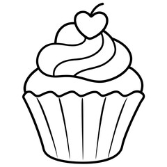 Simple Cupcake Line Art with Heart Frosting
