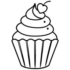 Simple Cupcake Line Art with Heart Frosting