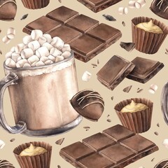 Hot chocolate with marshmallows, truffle candies, milk chocolate, crumbs and bars. Watercolor seamless pattern, suitable for cafe menus, packaging, branding, food blogs and cozy winter designs.