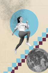 Poster image collage of person run step up ladder block on pastel blue color background