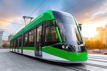 Naklejka premium Modern green tram in urban environment at sunset. sustainable public transportation and eco-friendly city commuting