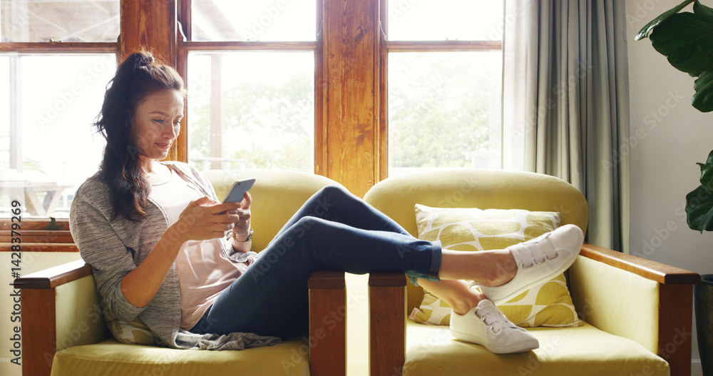 Poster phone, relax and woman on sofa typing on mobile app for online dating with connection in home. techn