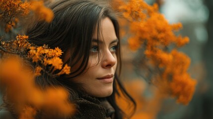 Naklejka premium Woman's Portrait: Autumnal Hues and Dreamy Gaze