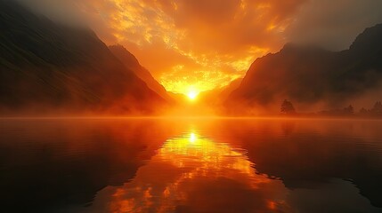 A beautiful sunset over a misty mountain lake at dusk