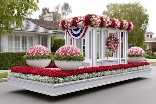 A community parade float decorated with flags and red white and blue flowers