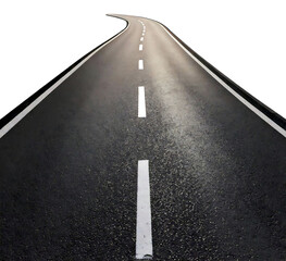 Asphalt road curving gently toward the horizon against a white background.  Perfect for concepts of journey, travel, future, or success.