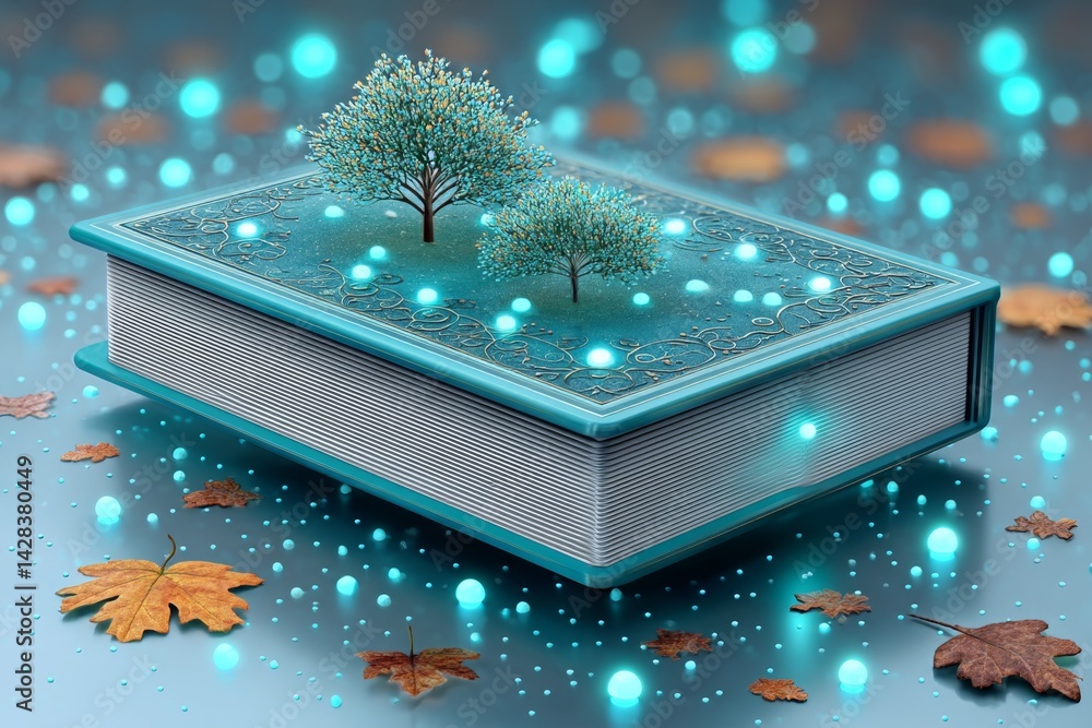 Aufkleber a digital 3d rendering of a floating prayer journal surrounded by glowing leaves and ethereal light