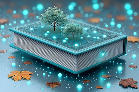 A digital 3D rendering of a floating prayer journal surrounded by glowing leaves and ethereal light