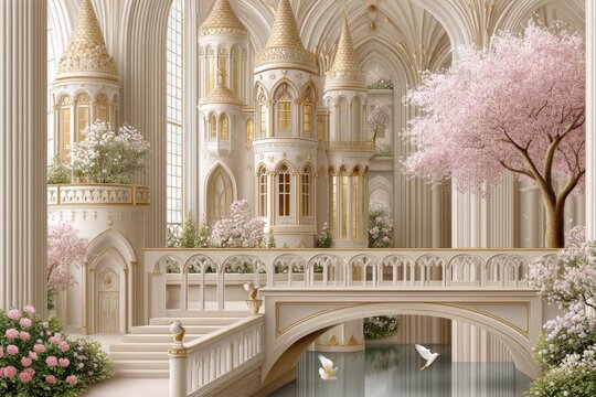 A fantasy garden of souls where golden statues glow softly with names of fallen heroes and enchanted birds fly above