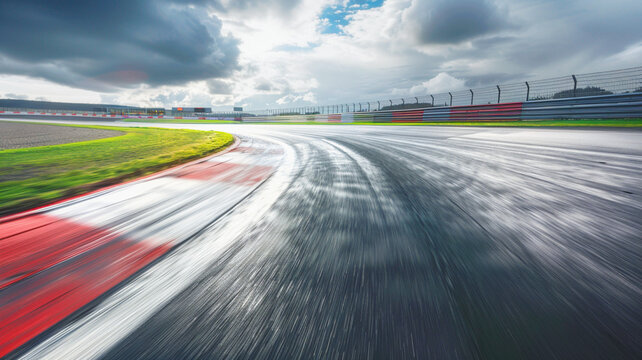 Dynamic Racetrack Scene with Blurry High-Speed Movement, a dramatic stormy sky, vibrant red and white track borders, lush green surroundings, intense motion blur capturing the thrill of the race.