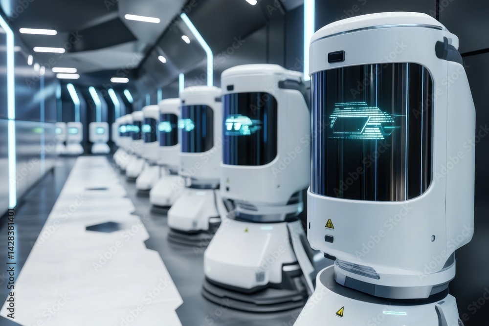 Poster robots lined up in a futuristic hallway within a tech facility