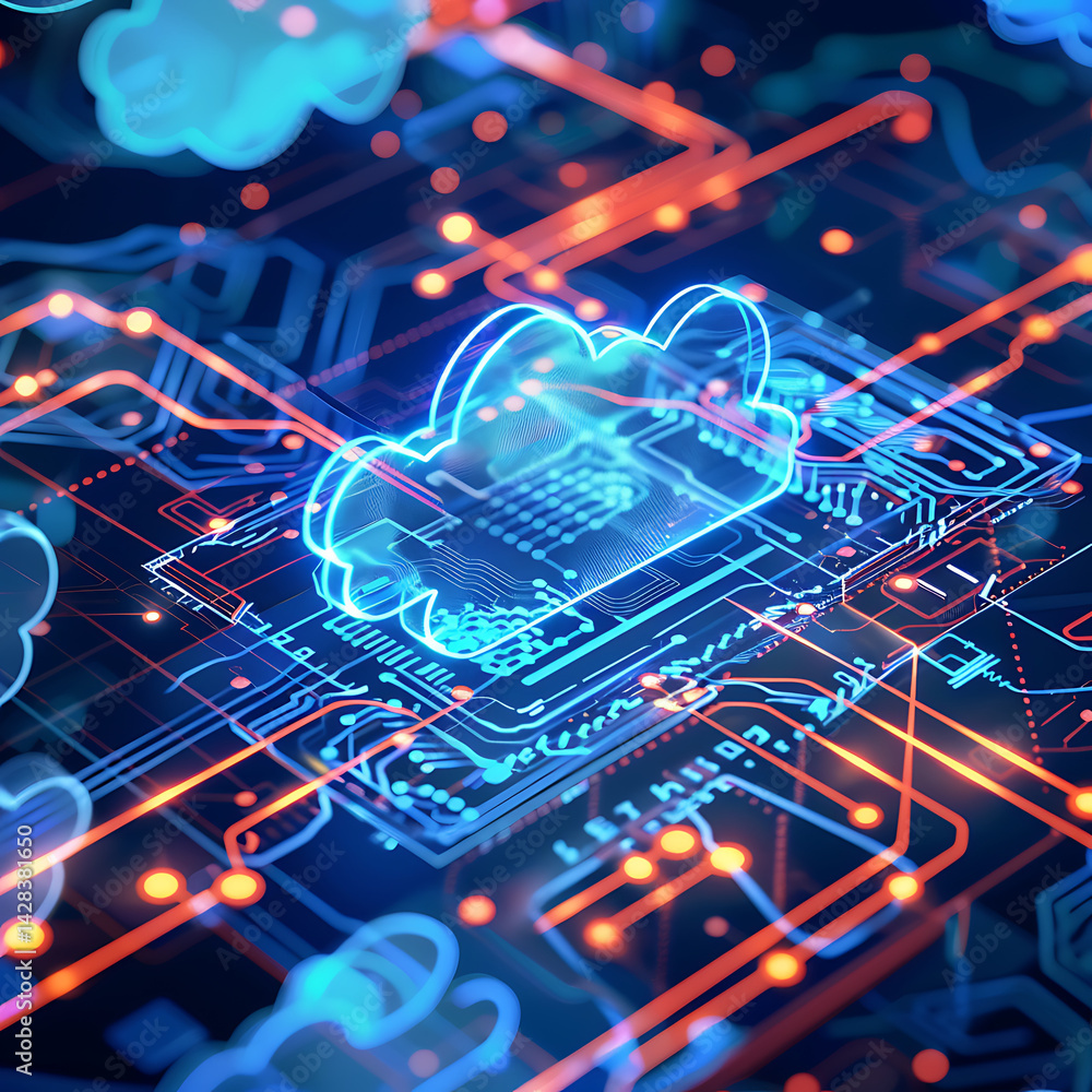 Poster glowing blue cloud computing icon over a complex circuit board with light trails. data storage, netw