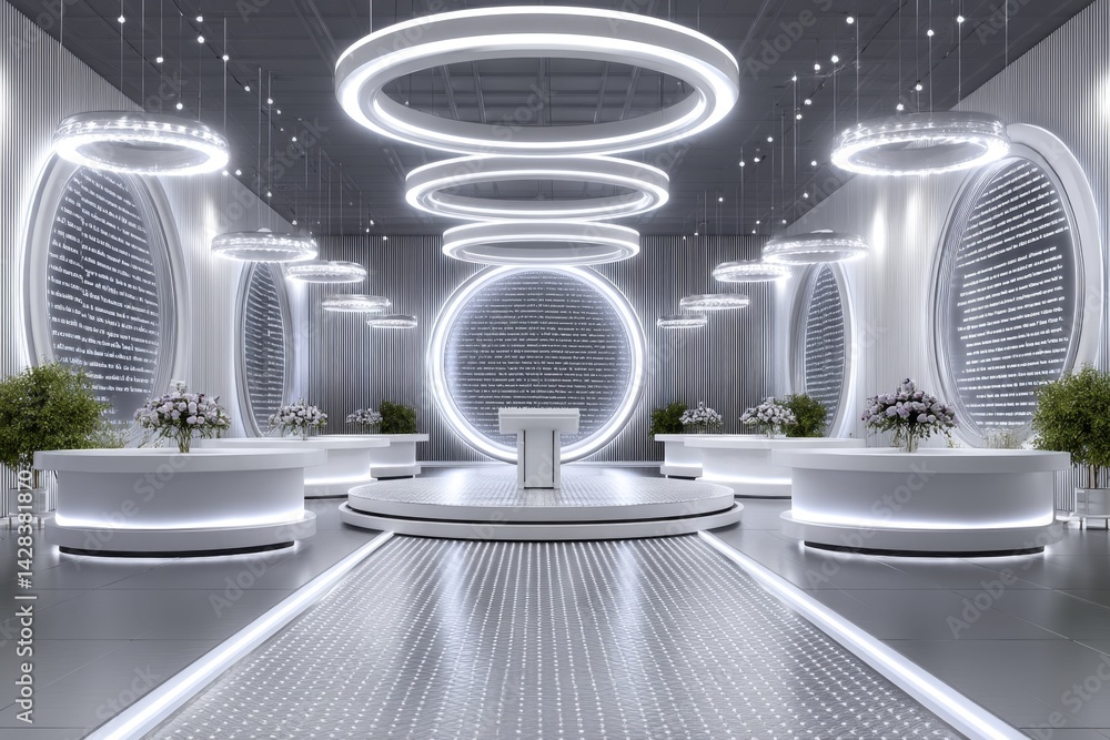Poster a futuristic worship center with holographic scripture texts floating in the air and glowing spirit 