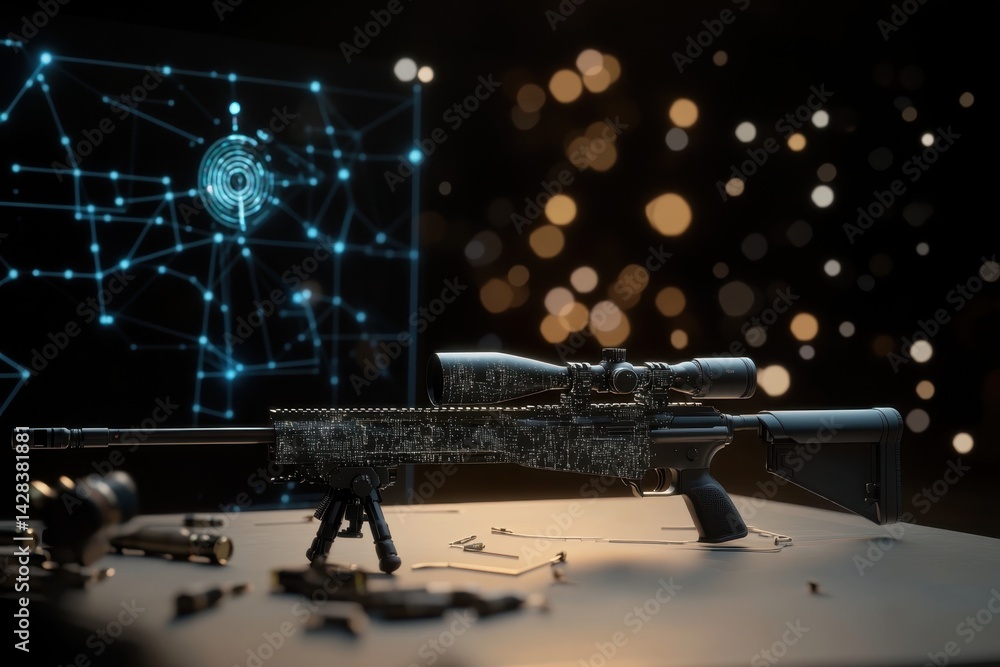Poster high-tech sniper rifle displayed on a table with digital backdrop of networks and data points