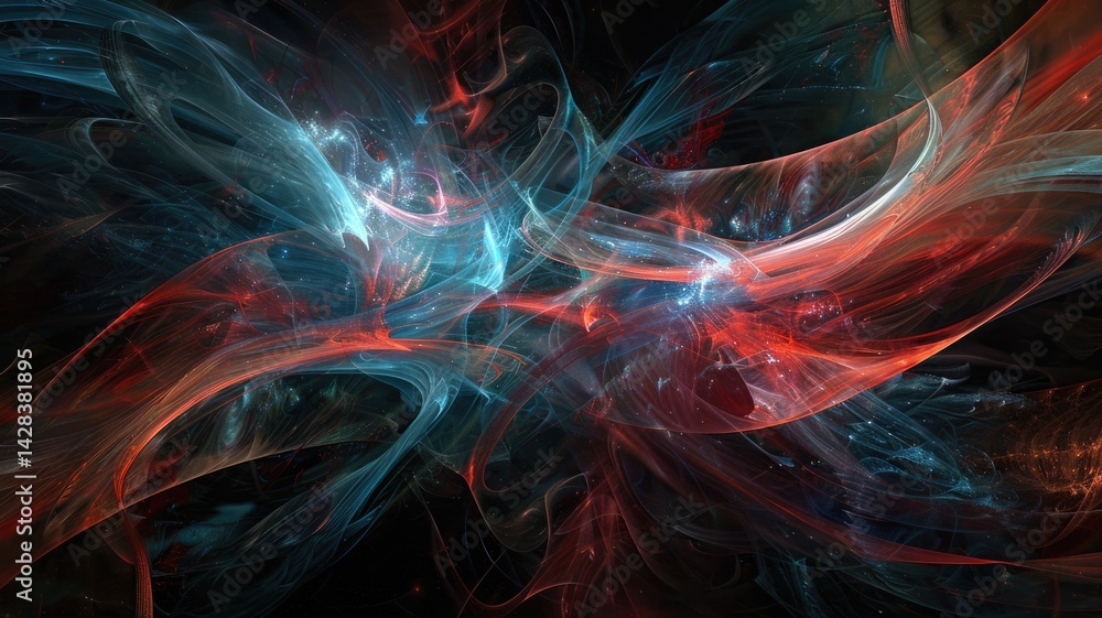Poster swirling picture of red ray and blue light sparkling particles scattered across a space background, 