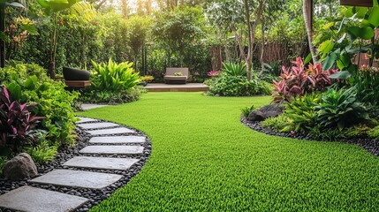 Beautiful Lush Green Garden Landscape Design with Stone Pathway Relaxing Tropical Plants Outdoor Backyard Summer Nature Scene Tranquil Serene Peaceful Environment  Modern Home Exterior lawn view grass