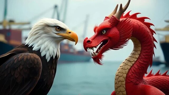 Trade war and shipping tariffs between America and China represented by an Eagle and Chinese dragon face off
