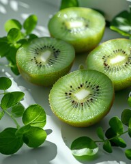 Fototapeta premium Fresh ripe kiwi fruits sliced into circles, vibrant green color with black seeds, placed closely together, refreshing and healthy tropical snack.