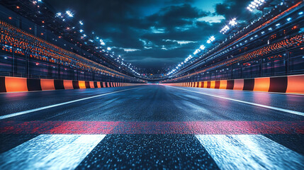 Realistic Digital 3D Illustration of a Asphalt Racing Track Finish Line with Illuminated Stadium at Night, Perfect for Formula 1 or NASCAR Sports