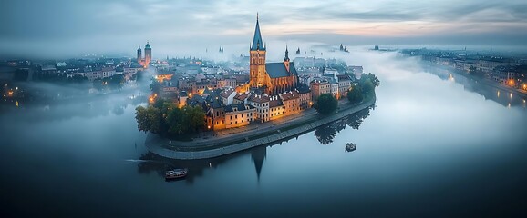 Obraz premium Medieval town on a river, shrouded in fog with illuminated buildings at dusk. A serene view