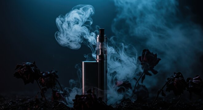 Vaporizer amid withered roses with mist for world no tobacco day, highlighting the struggle against dependence and promoting a healthy lifestyle with aesthetic appeal