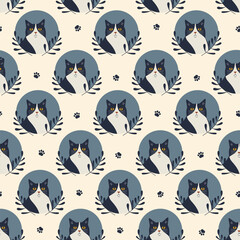 Vector illustration with cute cartoon cats pattern. Pastel colors background and black cat repetition art