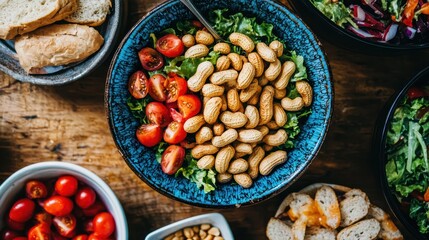 Fototapeta premium A colorful spread featuring fresh tomatoes, peanuts, and greens, accompanied by slices of bread, ideal for a healthy meal.