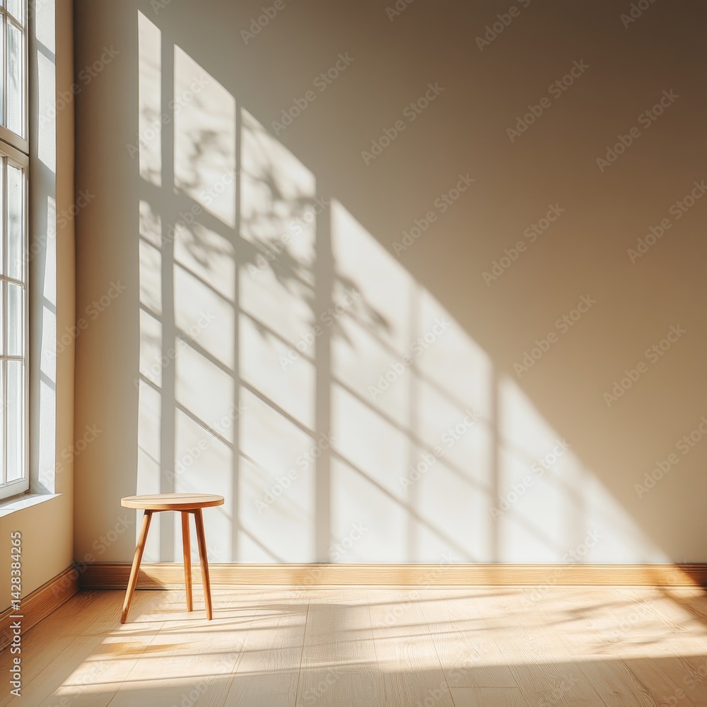 Poster a bright, minimalist room with a simple wooden stool and soft shadows. the light streams in from lar