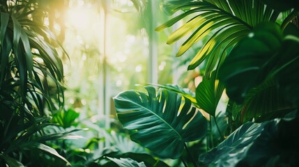 Lush Tropical Rainforest Green Leaves Sunlight Nature Background Vibrant Green Foliage Exotic Plants Summer Garden Beautiful Natural Scene Tranquil Peaceful Serene Environment leaf life wild flora    