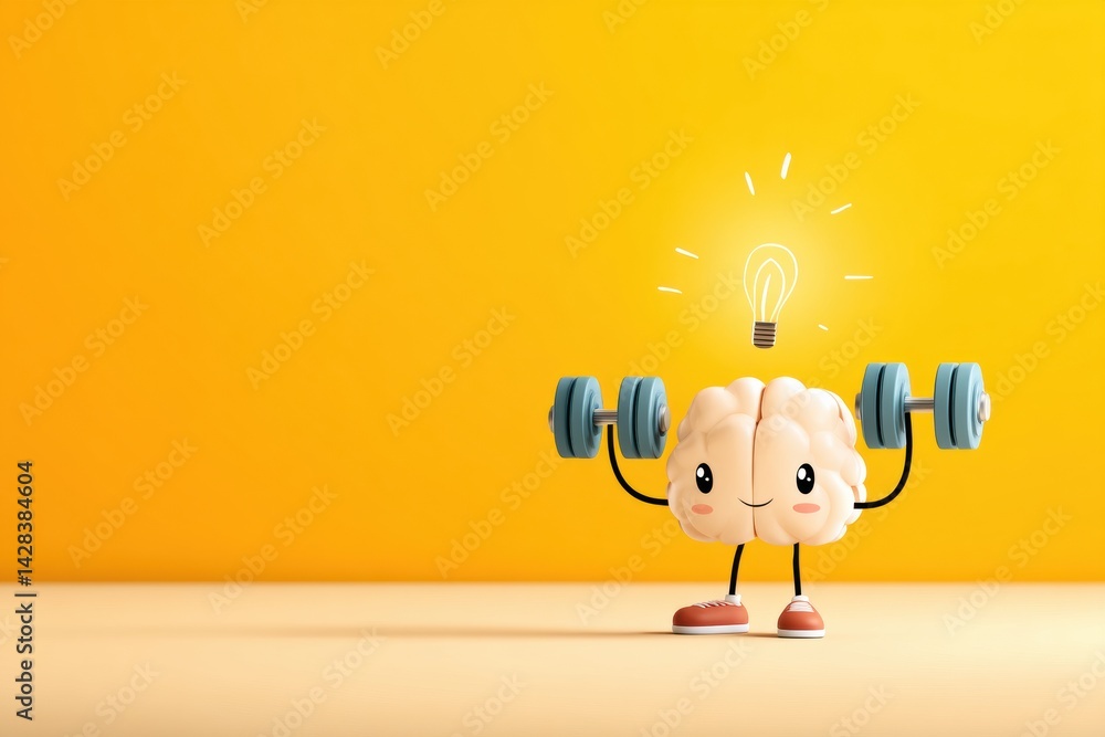 Poster cheerful brain exercising with light weights against a bright yellow background in a fun and motivat
