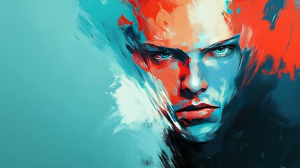 Abstract portrait of a serious face, vibrant colors and dynamic brushstrokes