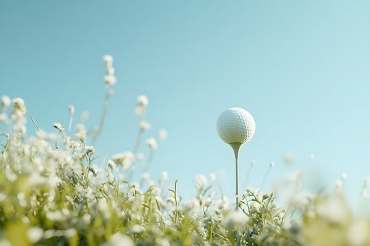 A golf ball on a tee against a blue sky on a grassy ground. - Powered by Adobe