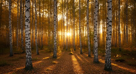 Obraz premium Golden Hour in Birch Forest: Autumnal Serenity