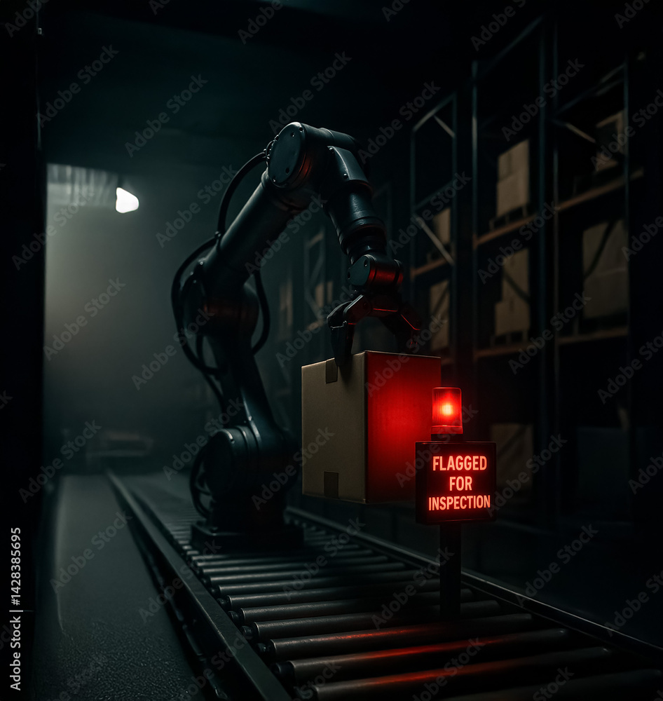 Poster robotic arm scans a box on a conveyor belt under red inspection alert, representing automated custom