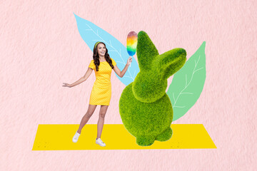 Composite sketch image design collage of young lady retro style hold clean tool grass print rabbit...