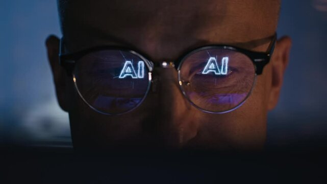 Male AI developer working on a computer in a futuristic research laboratory. Computer screen reflecting in eyeglasses displaying text "AI"