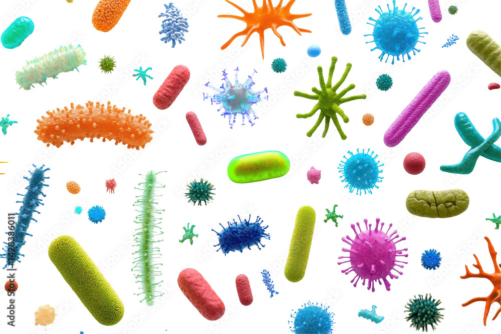 Poster bright microscopic cells and structures arranged in color against a pure white background