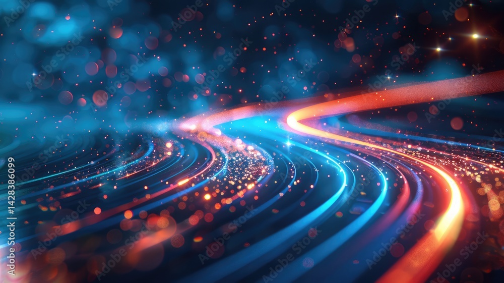 Poster sparkling laser beam effect dash with high-speed shine and emit colorful light on dark background co