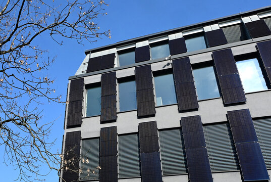 Ł&oacute;dź, Lodz, Poland, Europe : High Technical School building, wall covered with solar panels, facade of Passive building - Institute of Applied Computer science, W&oacute;lczańska street