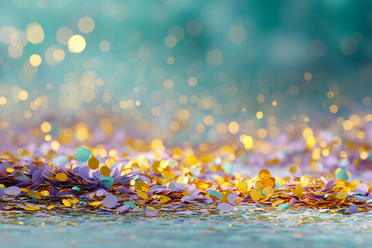 Pile of golden, purple, and teal confetti on a teal background with bokeh lights, creating a festive and celebratory scene, ideal for celebratory design
