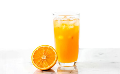 Fresh orange juice glass with ice, sliced citrus fruit on white marble surface, refreshing drink, summer beverage, healthy refreshment, bright color, minimalistic style