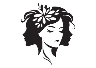 Beautiful women head and leaves logo design vector, beauty woman hair leaf logo, women beauty logo and vector silhouette, Black silhouette of a womans profile with leaves on white background.