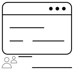 Web browser window featuring simplified text layout and user icons, representing collaboration, content sharing, digital workflow. Ideal for UX design, web development, technology, teamwork