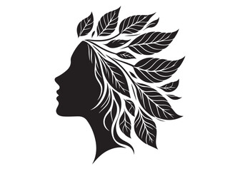 Beautiful women head and leaves logo design vector, beauty woman hair leaf logo, women beauty logo and vector silhouette, Black silhouette of a womans profile with leaves on white background.