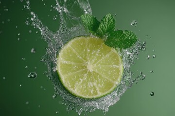 Lime slice in water splash. Fresh, juicy citrus fruit with mint