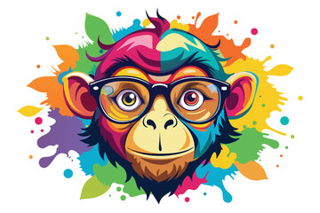 Fototapeta premium Colorful artistic monkey in with eyeglasses colorful paint splatters on white background