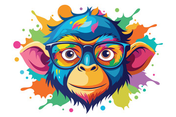 Colorful artistic  monkey  in with eyeglasses  colorful paint splatters on white background