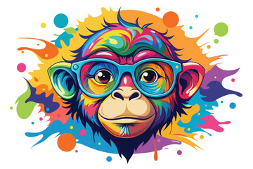 Colorful artistic  monkey  in with eyeglasses  colorful paint splatters on white background