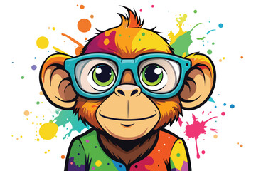 Colorful artistic  monkey  in with eyeglasses  colorful paint splatters on white background